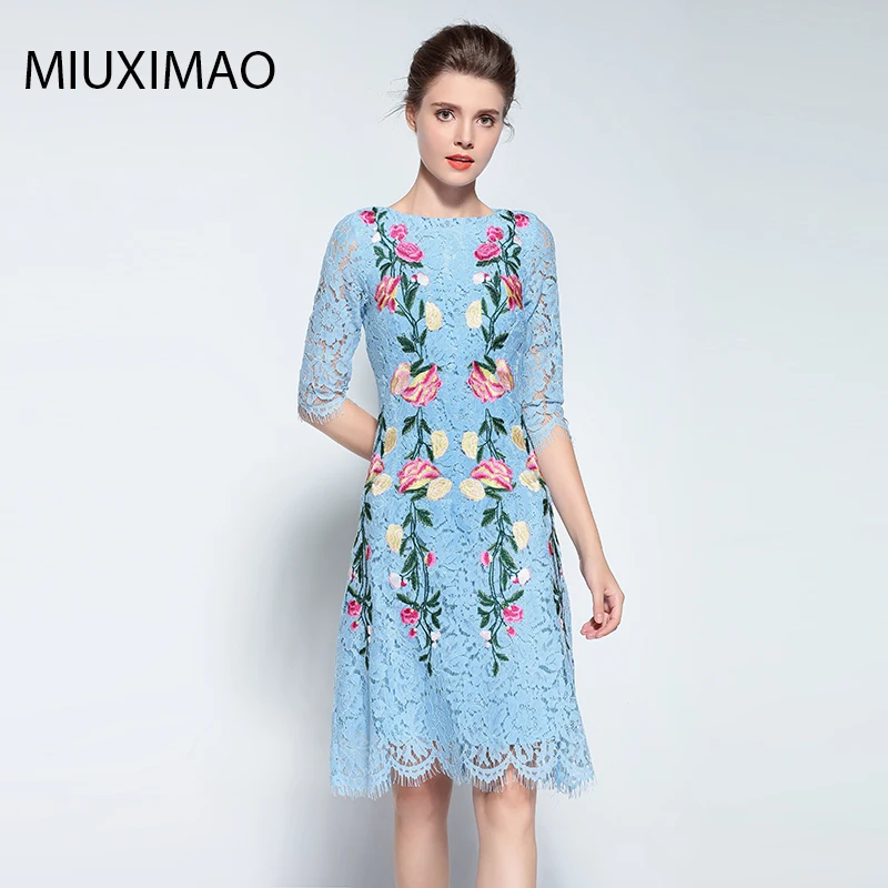 MIUXIMAO 2023 Spring Summer Dress Fashion Slim Elegant  Ebroidery Rose Flower Vintage Casual Blue  Long Lace Dress Women