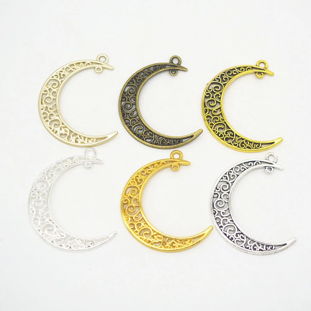 High Quality 20 Pieces/Lot 41mm*30mm Metal Delicate Hollow Out Moon Charm Pendant For Jewelry Making (6 colors)