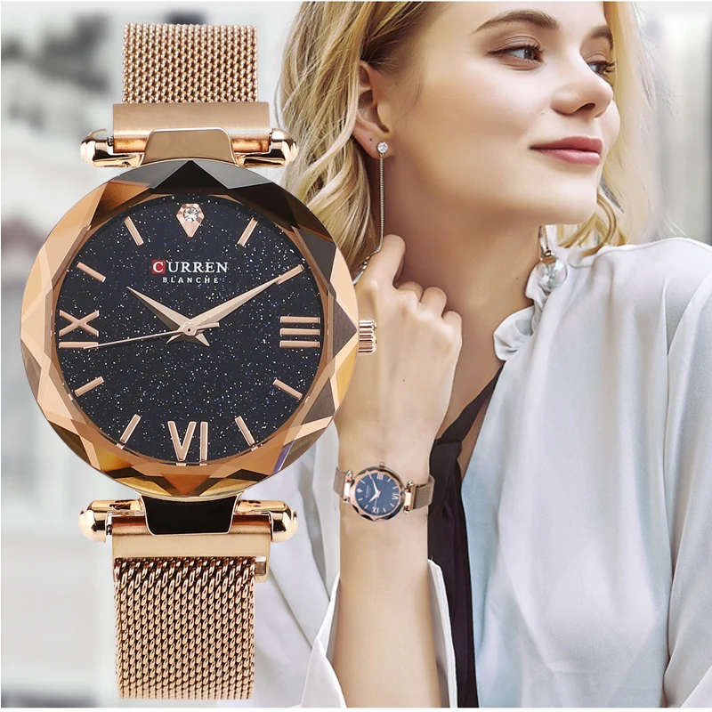 

CURREN Luxury Fashion Creative Women Quartz Watch Mesh Ladies Clock Magnet Buckle Starry Diamond Geometric Surface Casual Clock