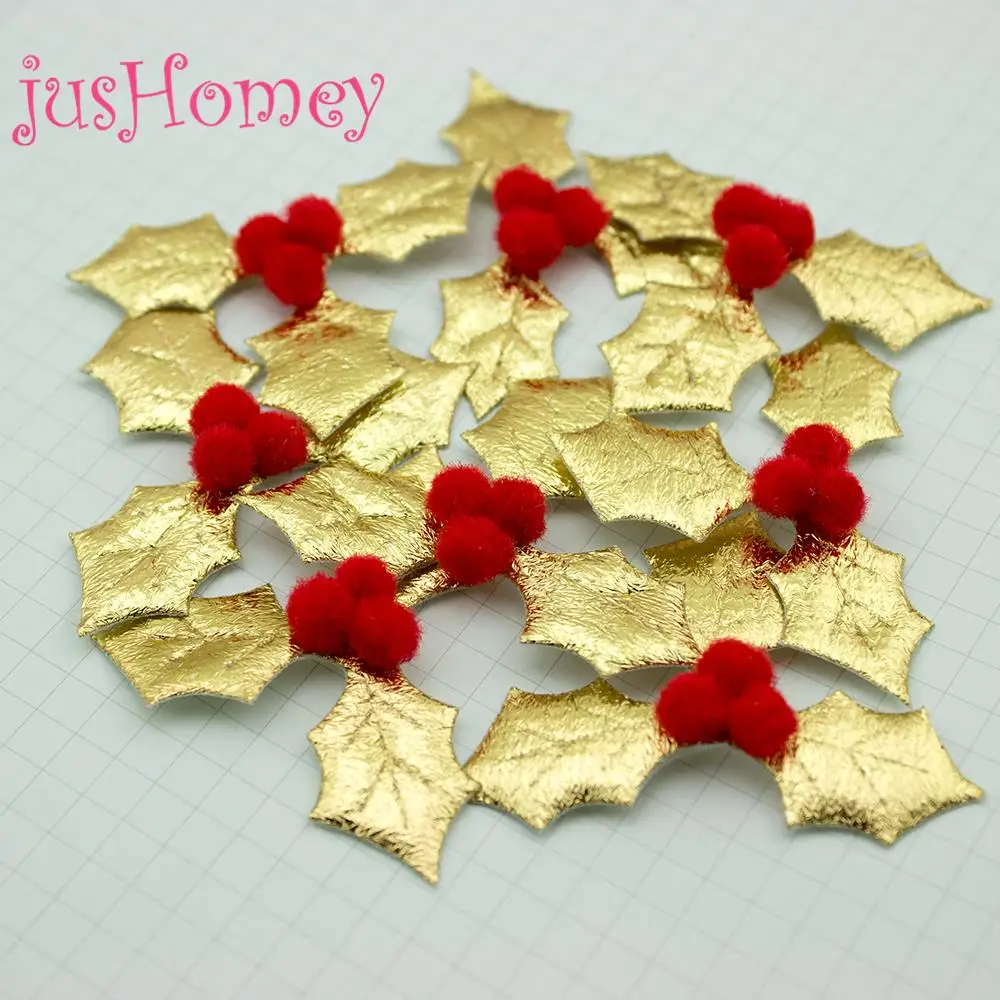 100pcs Glitter Christmas Holly Appliques 50x45mm Gold, Green Holly Leaf w/ Red Pompom Berry for Christmas Decoration, Scrapbook