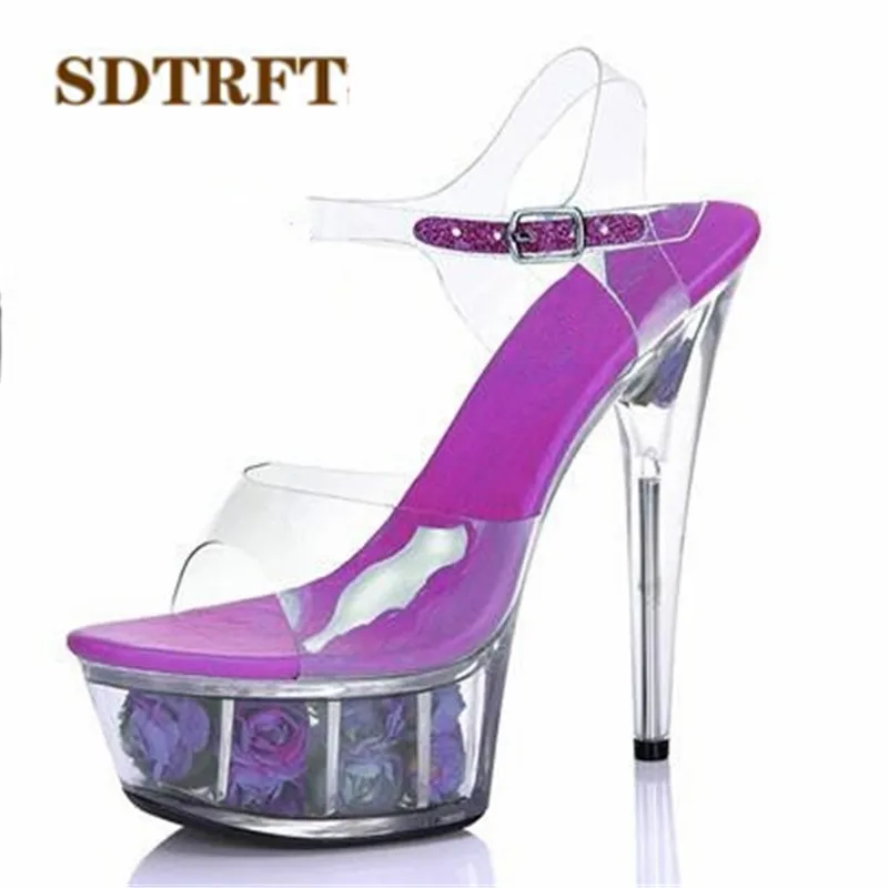 SDTRFT SUMMER transparent Stilettos zapatos mujer 15cm thin heels Flowers platform sandals Ankle strap shoes woman wedding pumps