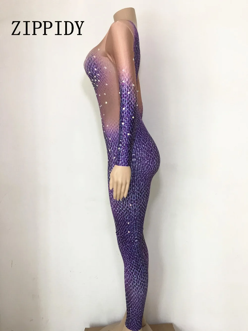 Tinh Thể màu tím In Rắn Jumpsuit Đảng Sân Khấu Mặc Trang Phục Sexy của Phụ Nữ Hiệu Suất Party Mừng Bodysuit Trang Phục