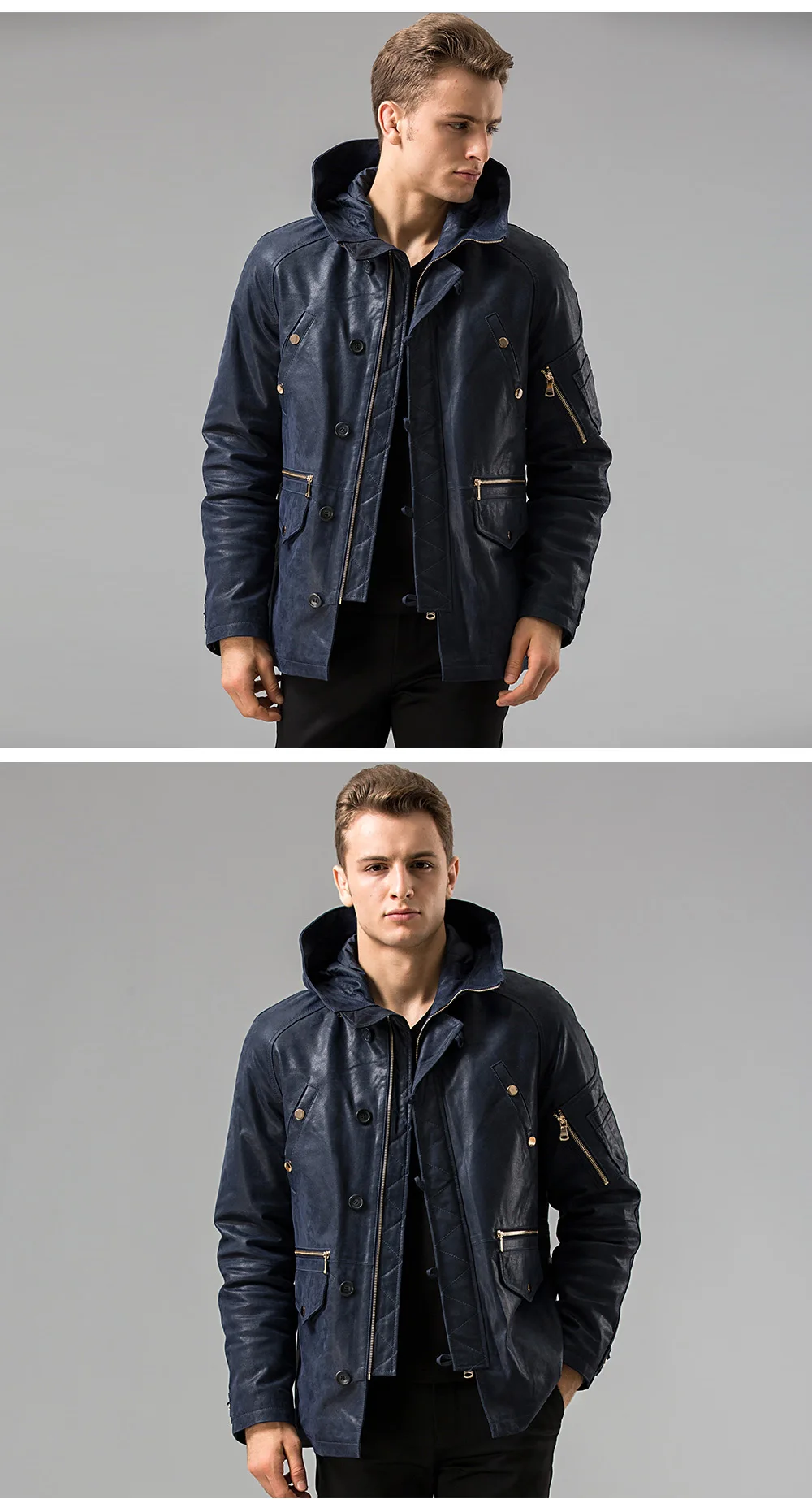 FLAVOR Men's Pigskin Real Leather Jacket Hooded Hat Detachable