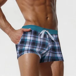 Men Plaid Swimwear Sexy Swimming Trunks Beachwear Swimsuit Board Shorts Boxer Male hombre Swim Bathing Suit Bottoms Pocket