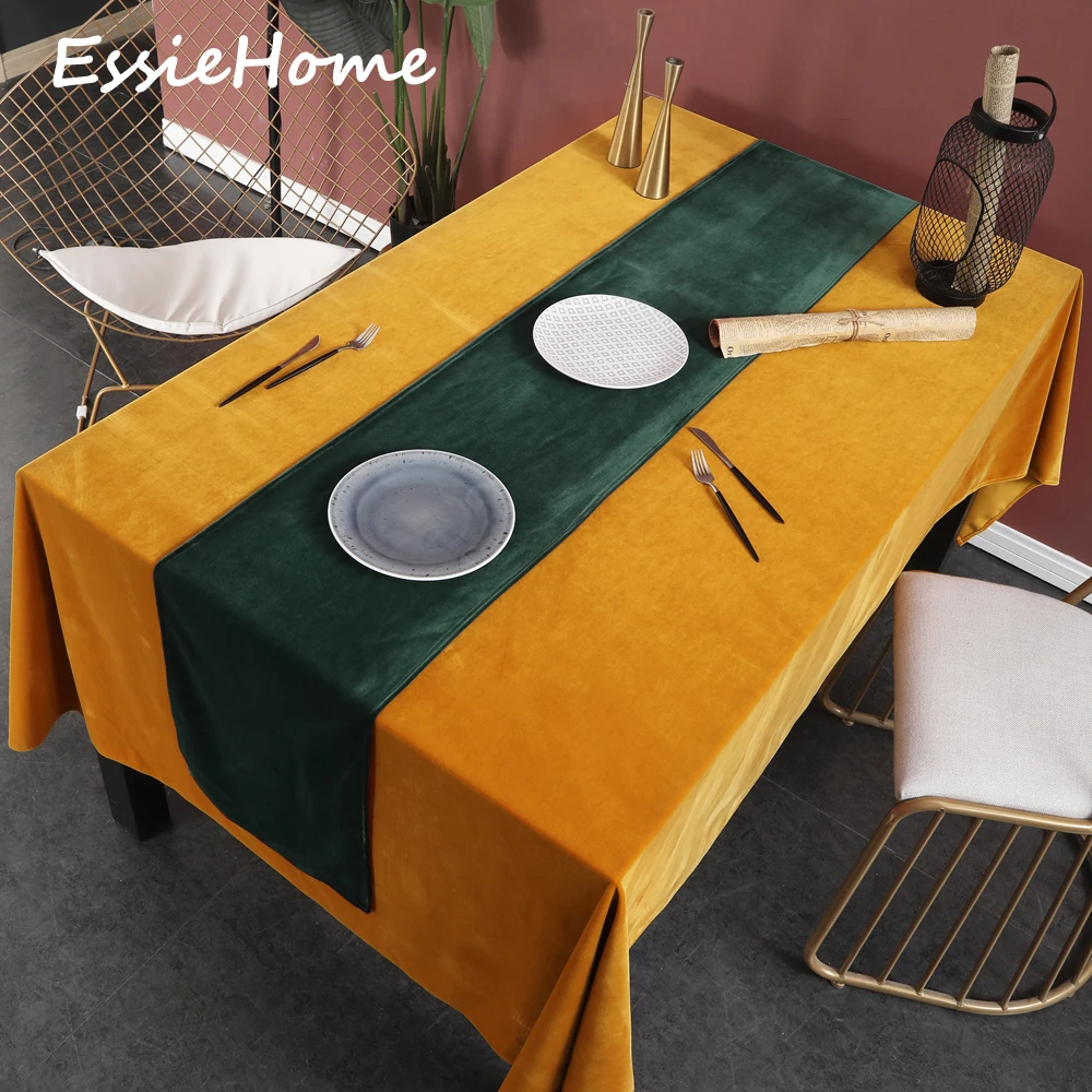 ESSIE HOME Rich Green Emerald Green Single Side Matte Velvet High End Table Runner Wedding Decoration Placemat