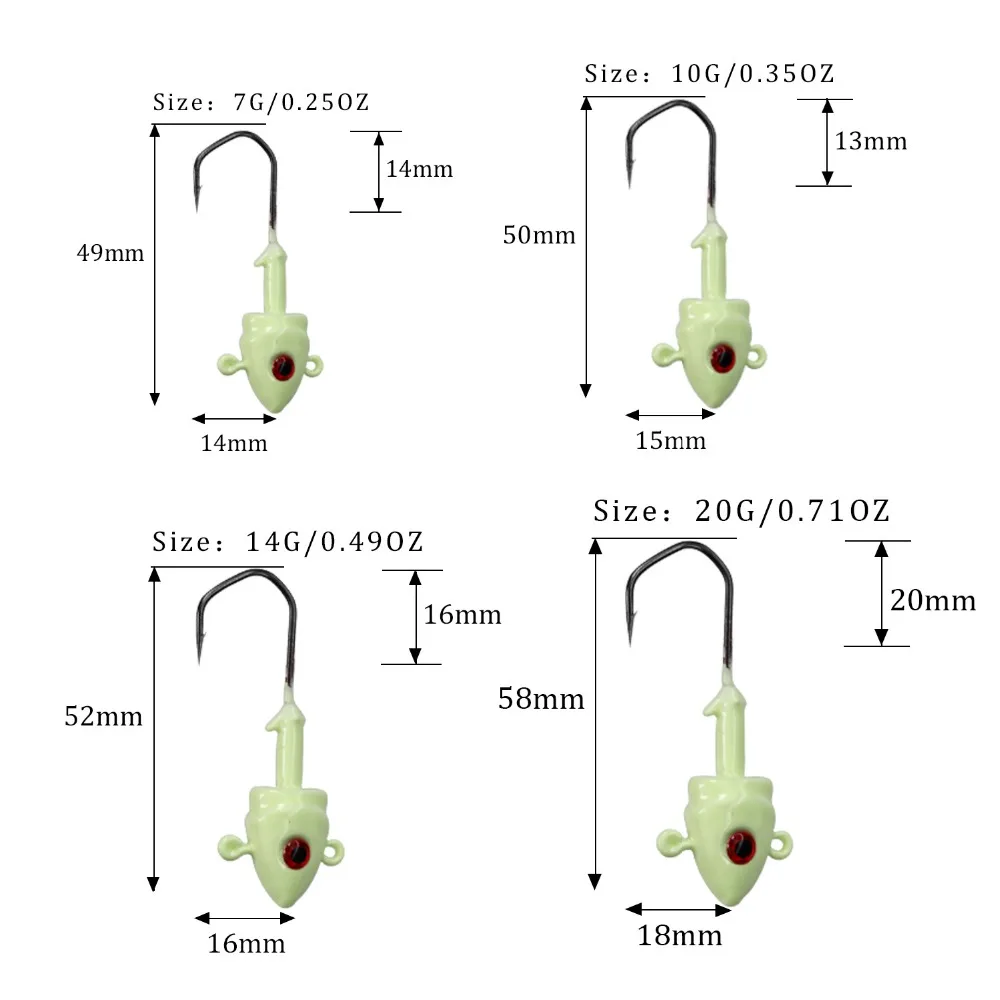 Bộ 5 Phát Sáng Câu Cá Jig Đầu 7G 10G 14G 20G Móc Câu Dẫn Jig Dụ Cứng mồi Câu Mềm Mại Con Sâu Câu Phụ Kiện