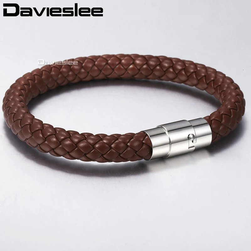 Davieslee Bracelets for Men Black Brown Braided Cord Rope Stainless Steel Clasp Man-made Leather Mens Bracelet 4/6/8mm LLBM118A