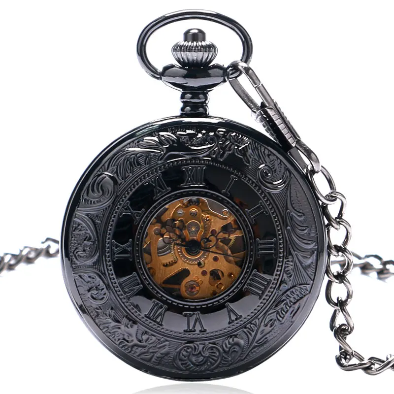 Vintage Retro Double Hunter Mechanical Hand Wind Pocket Watch Skeleton White Numbers Dial Men Women Watches Clock Necklace Gift