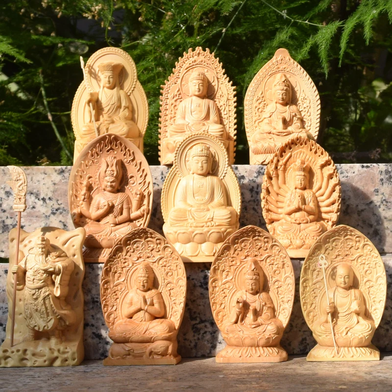 Boxwood  Car Ornaments Carved Statues Carry Gifts Sama Trinity Buddha Guanyin Bodhisattva Ksitigarbha Home Putting Decorations