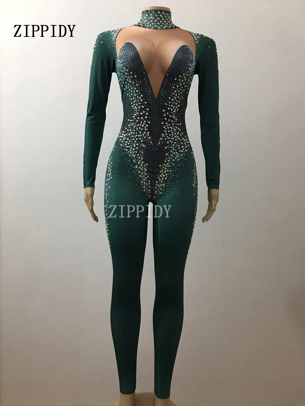 Mono Sexy con diamantes de imitación para mujer, Ropa de baile para actuaciones en Bar, mono de cantante de diamantes de imitación verde, moda de verano