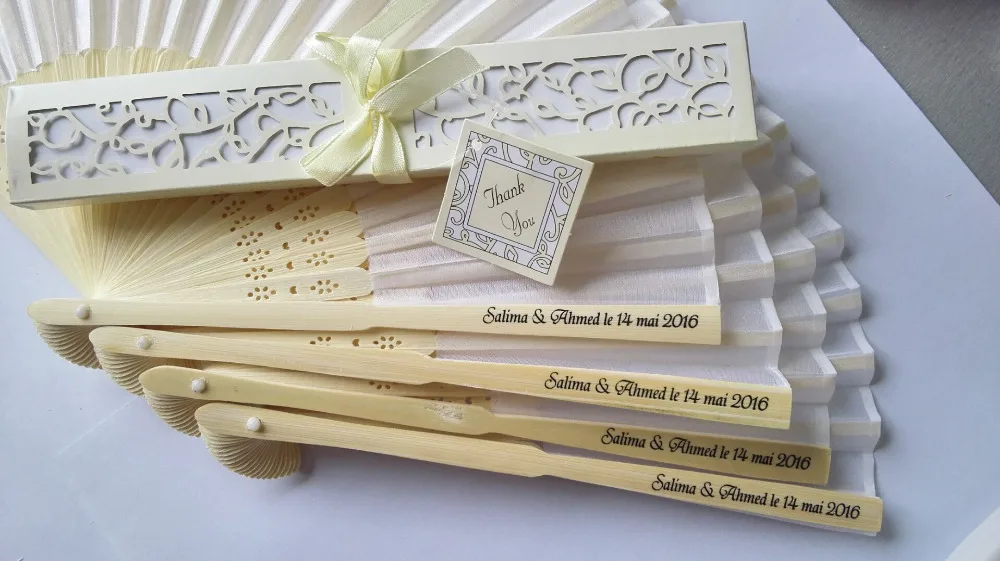 100pcs  Personalized Luxurious Silk Fold hand Fan in Elegant Laser-Cut Gift Box  +Party Favors/wedding Gifts+printing