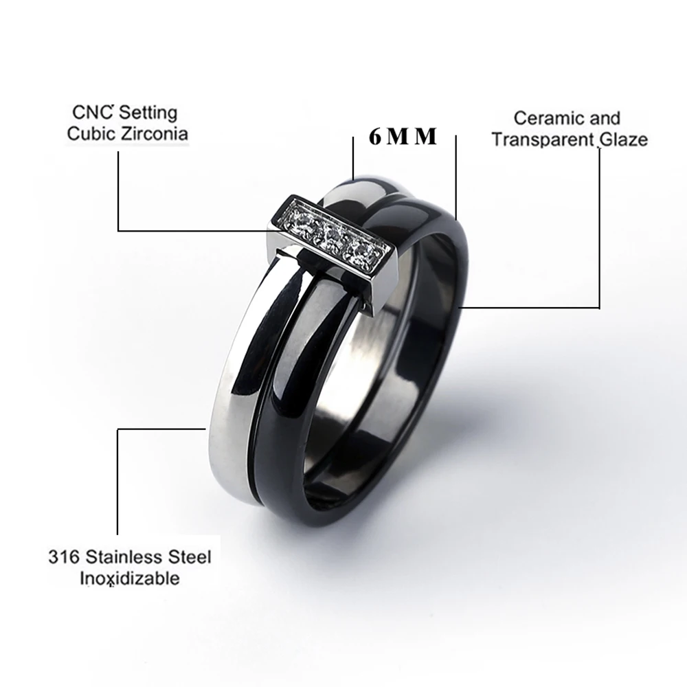 Fashion Ceramic Ring For Women Two Layers Stainless Steel Inlaid Zircon Thin Rings Unique Design Wedding Engagement Ring Gift