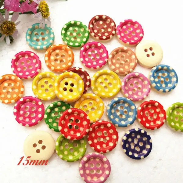 100pcs / 72pcs 15mm / 13mm / 11mm 4 holes mixed color Polka dot wood decorative buttons kid\'s scrapbook craft sewing supplies