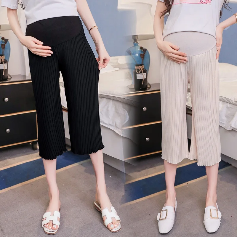 

Pregnant women pants summer chiffon pleated wide leg pants nine pants fashion tide mother wearing straight loose stomach lift pa