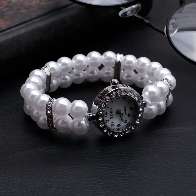 Women Watch Simulated Pearl Rhinestone Luxury Elegant Wrist Band Bracelet Jewelry Gifts Lady Elastic Universal Charms