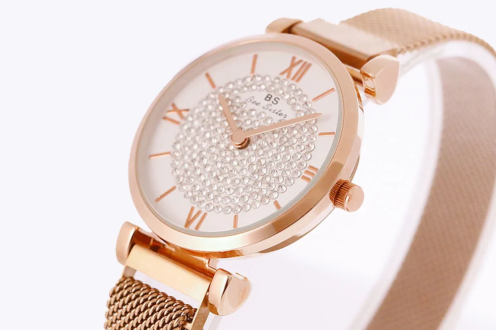 Montre de luxe en cristal pour femmes, bracelet en maille d'acier, à Quartz, avec Date, à la mode