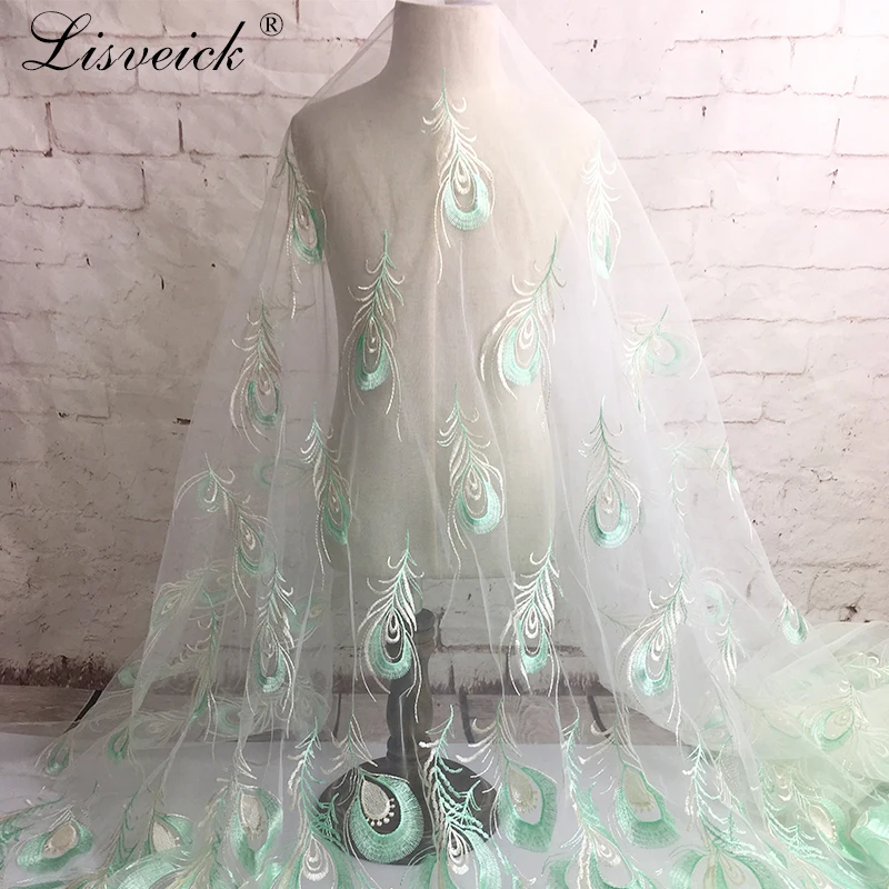 1yard Peacock Embroidery Lace Fabric Skirt Fashion Clothing Nigerian Lace DIY Wedding party Dress French Tulle Lace Fabric