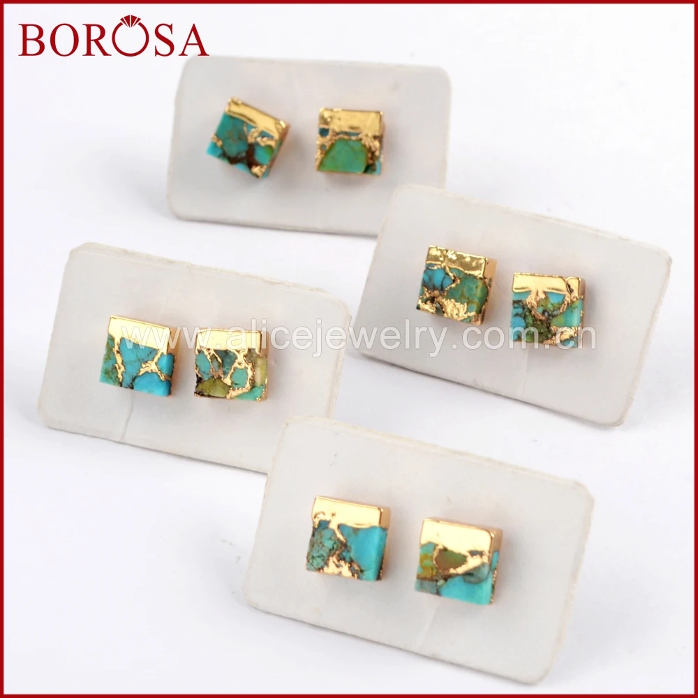BOROSA 5/10Pairs Gold Color 7mm Square Copper Natural Turquoises Stud Earrings Natural Blue Stone Earrings for Women G1648
