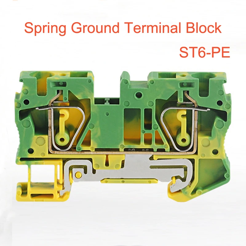 1Pcs Spring Ground Terminal Block ST6-PE Din Rail Yellow Green Earthing Bornier Wire Cable  Connector Morsettiera 6mm2