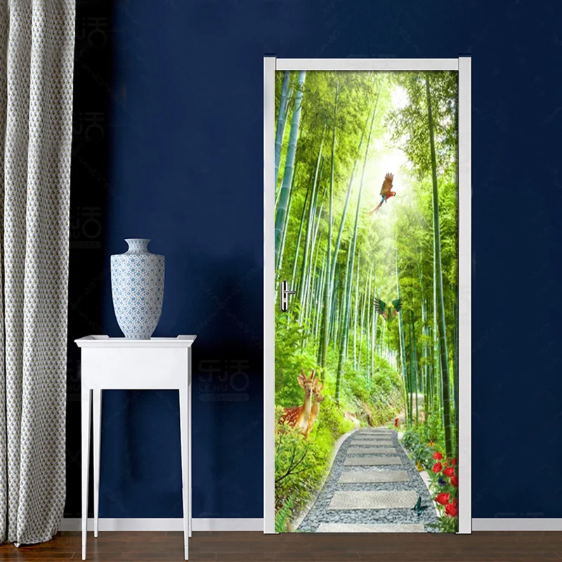 

Bamboo Forest Elk Road Landscape Traditional Home Decoration 3D Door Sticker DIY Home Decor Art Mural Vinyl Wallpaper 3D Decals