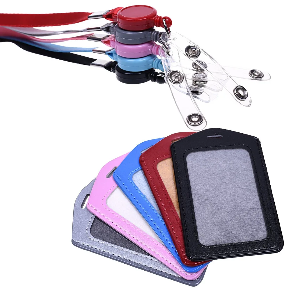 

5Pcs Vertical Style PU Leather Business ID Badge Card Holder with Retractable Lanyard Neck Strap Band