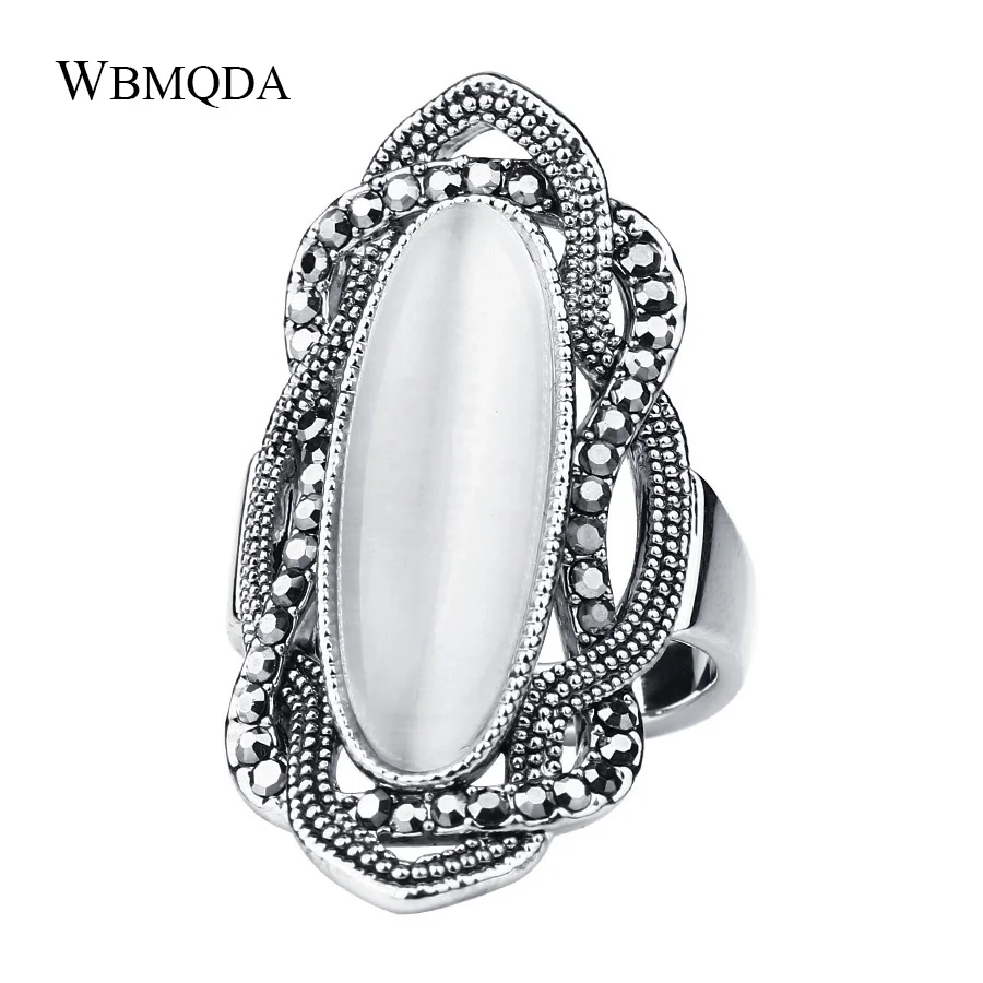 High Quality Bohemian Big Opal Stone Ring Black Crystal Rings For Women Vintage Trending Fashion Tibetan Jewelry 2018