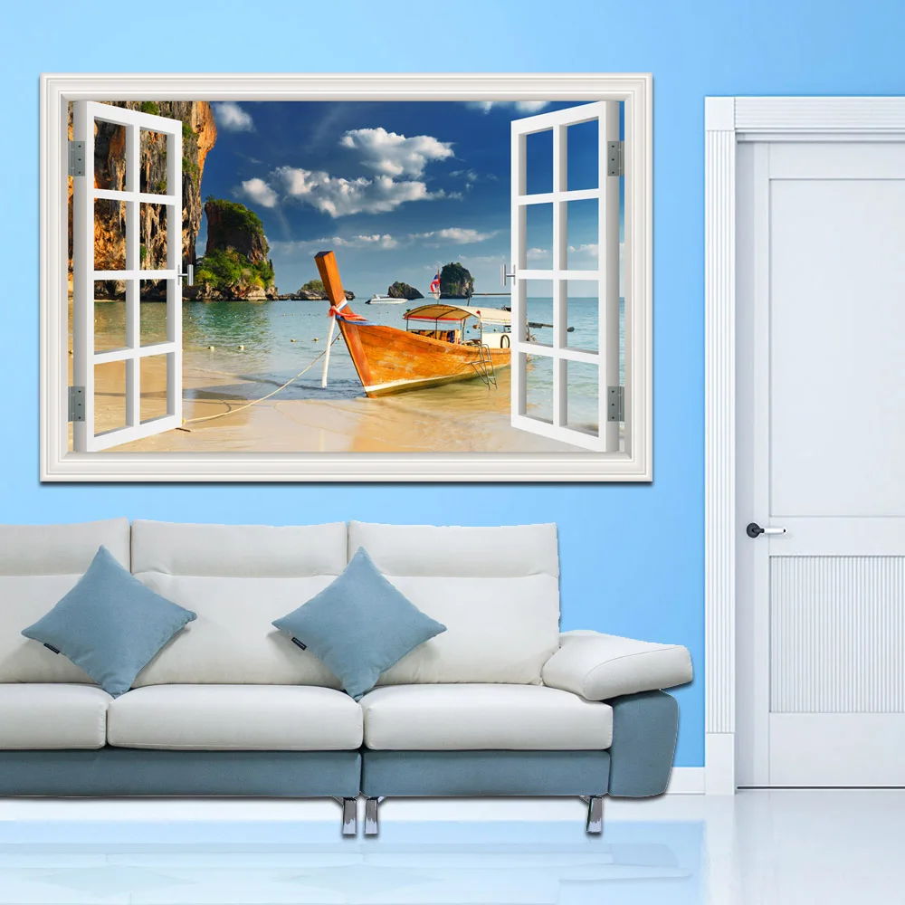 Sailing Boat Sea Landscape Removable 3D Wall Sticker Vinyl Decal Beach Sailboat Wallpaper Peel and Stick for Bedroom Kitchen view 2