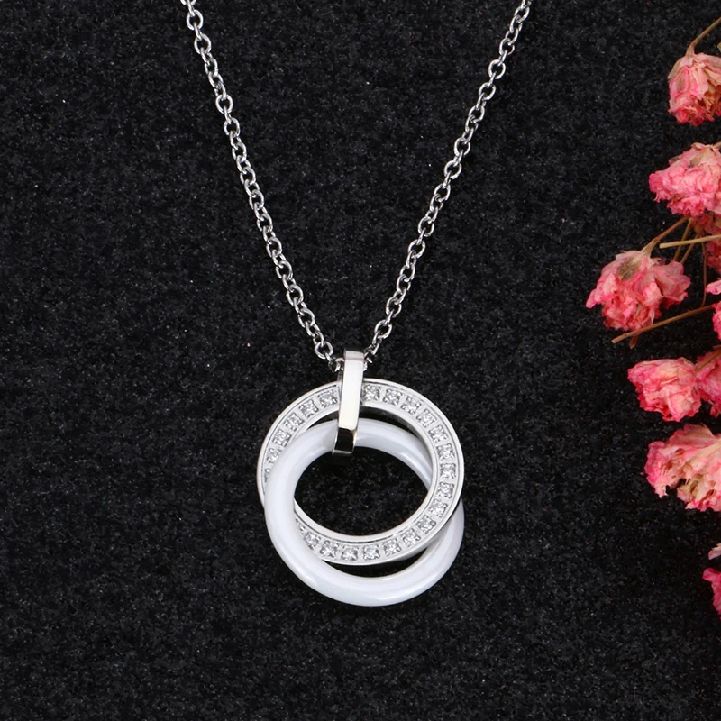 Ceramic Jewelry Double Circles Round Choker Necklace Women Black White Crystal Necklaces & Pendants Women Wedding Jewelry