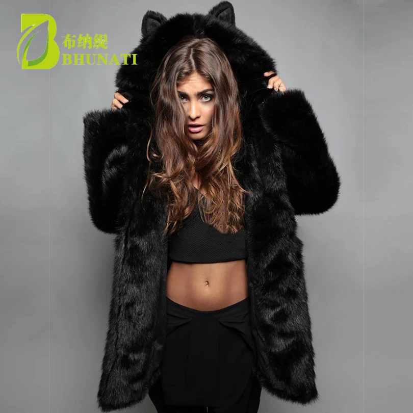 Women\'s Winter Jacket Long Thick Warm Fur Coat  Cute Animal Ear Hooded Overcoat Female Black Lady Elegant Faux Fur Coats