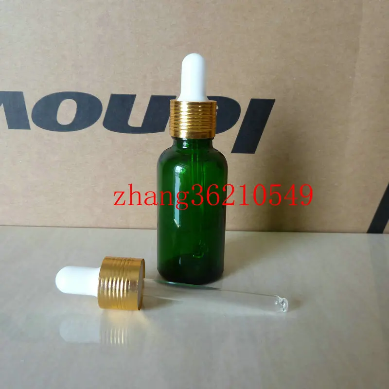 

30pcs 30ml green Glass Essential Oil Bottle With aluminum shiny gold dropper cap. 30 ml glass empty Essential Oil Container