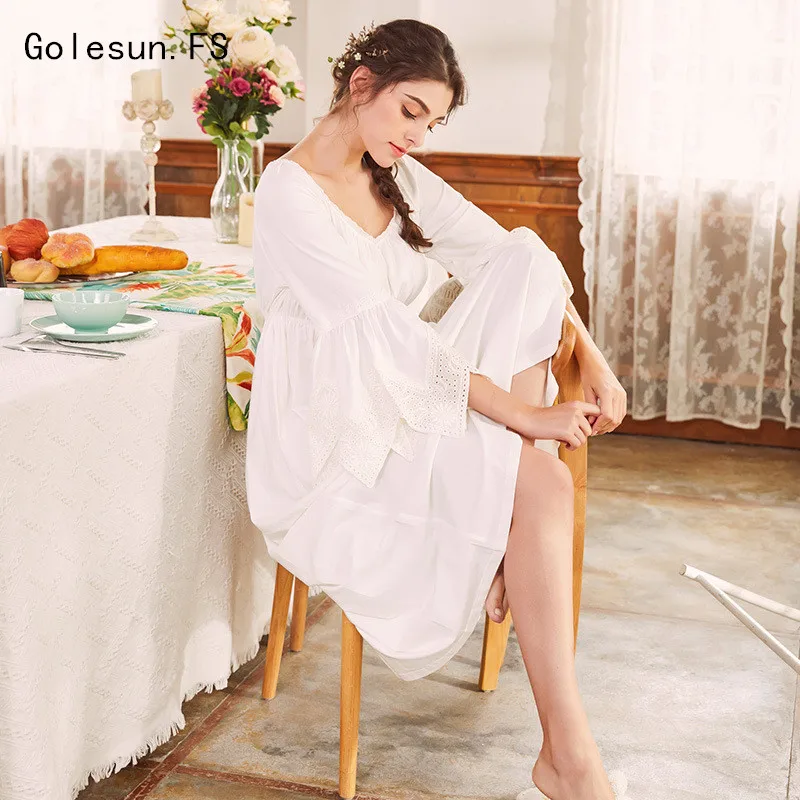 

New Arrival 2018 Spring and Autumn Women Princess Pure Cotton Nightgowns Lady Gowns Sleepwear Nightwear Vestidos QGT045