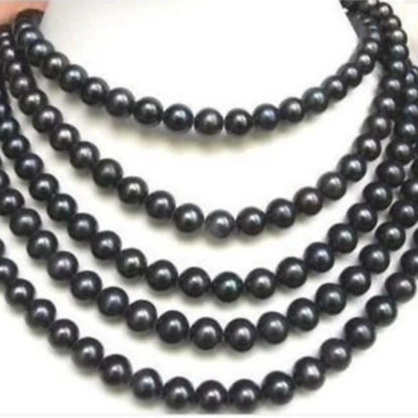 

European fashion natural black cultured 7-8mm freshwater round pearl necklace free shipping jewelry making 84 inch BV326