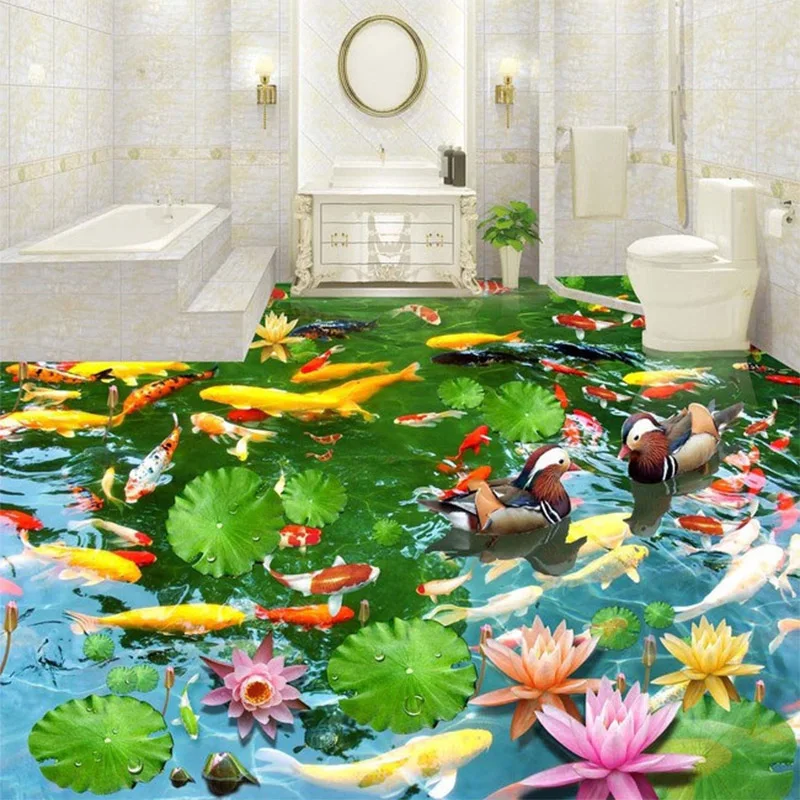 PVC Self Adhesive Waterproof 3D Floor Murals Pastoral Style Lotus Pond Wall Paper Sticker Living Room Home Decor 3D Floor Tiles