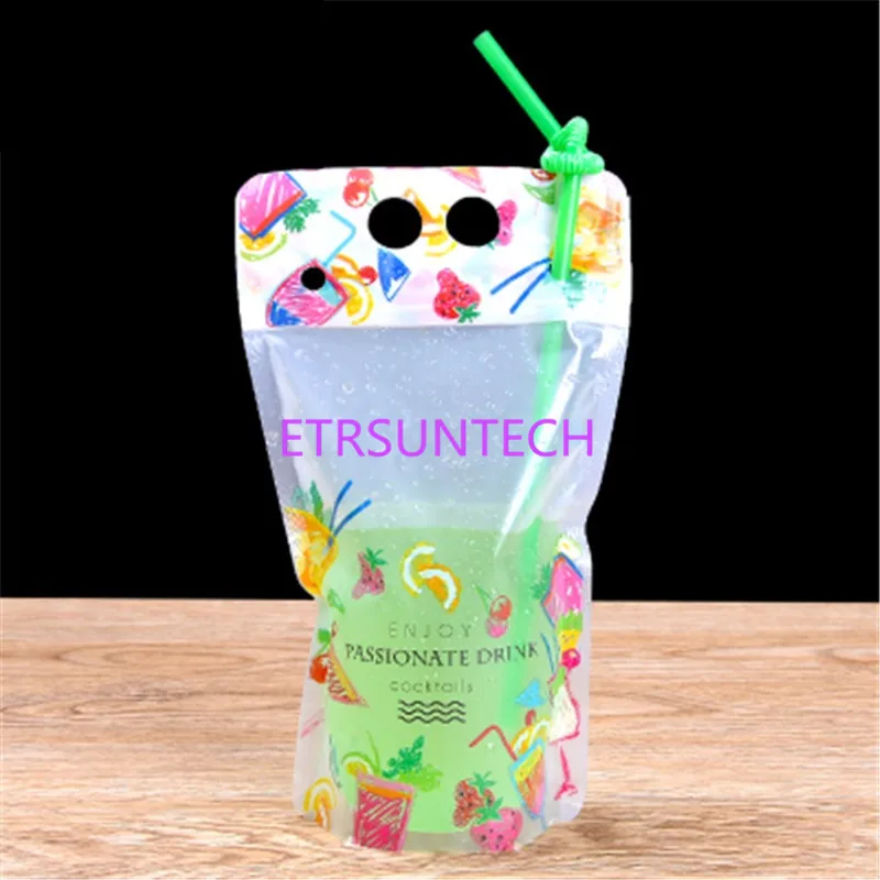 1000Pcs/Lot 500ml New Design Plastic Drink Packaging Bag Pouch for Beverage Juice Milk Coffee, with Handle and Holes for Straw
