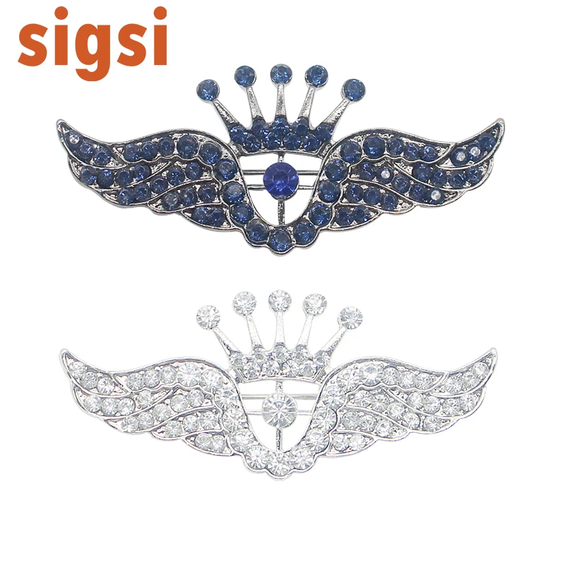 

Hot selling 6.2cm*2.8cm blue crystal angel wing brooch pin for halloween party rhinestone crown wedding decoration