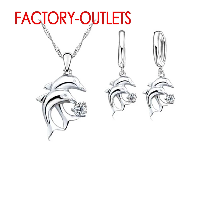 925 Silver Needle Bridal Jewelry Sets Dolphin Design Round Crystal Necklaces Hoop Earrings Women Girls Engagement Anniversary