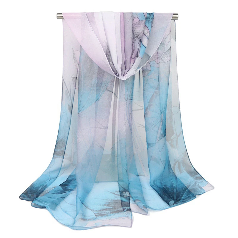 Fashion Lotus Chiffon Georgette Silk Beach Scarf Gradient Color Lotus leaf Summber Sunscreen Bandana Scarf&Shawl HY28