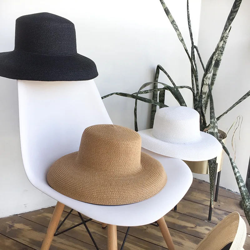 bell-shaped big brim hat vintage Audrey Hepburn straw hat sunken modelling tool  high pretend bility tourist beach atmosphere