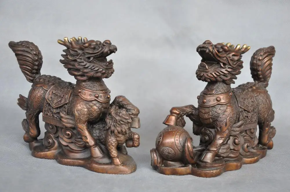 Free Shipping 5'' China Foo Dog Kylin Dragon Bronze Statue