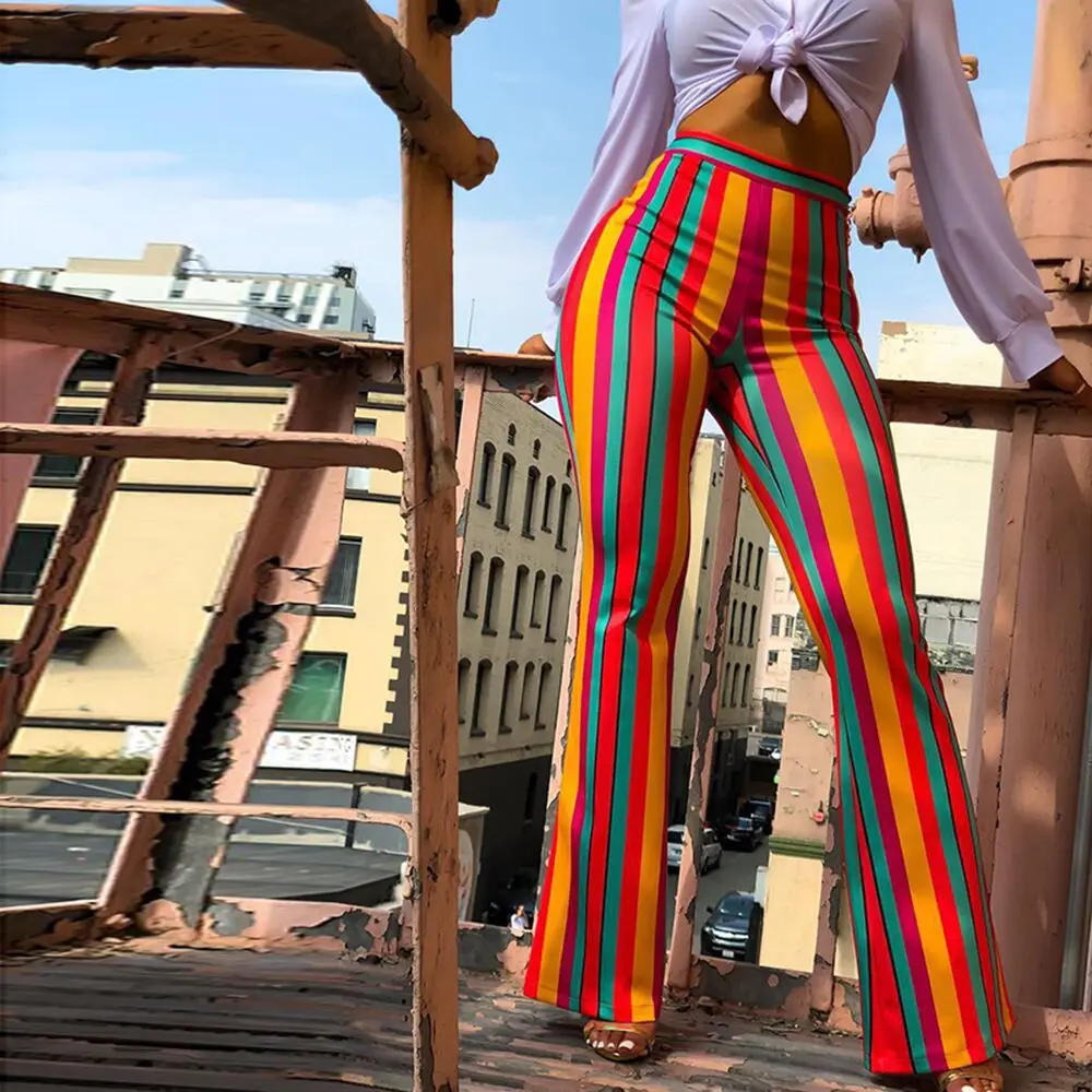 BKLD Women High Waist Wide Leg Pants 2024 Rainbow Striped Summer Casual Office Flare Pants Long Trousers Women Bell Bottom Pants