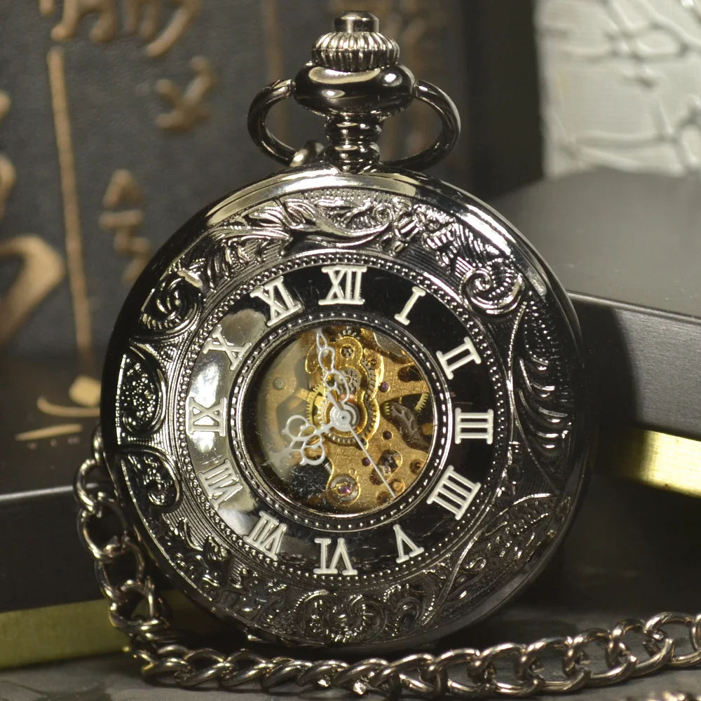 Luxury Skeleton Black Retro Antique Skeleton Mechanical Pocket Watch Men Chain Necklace Business Casual Pocket & Fob Watches