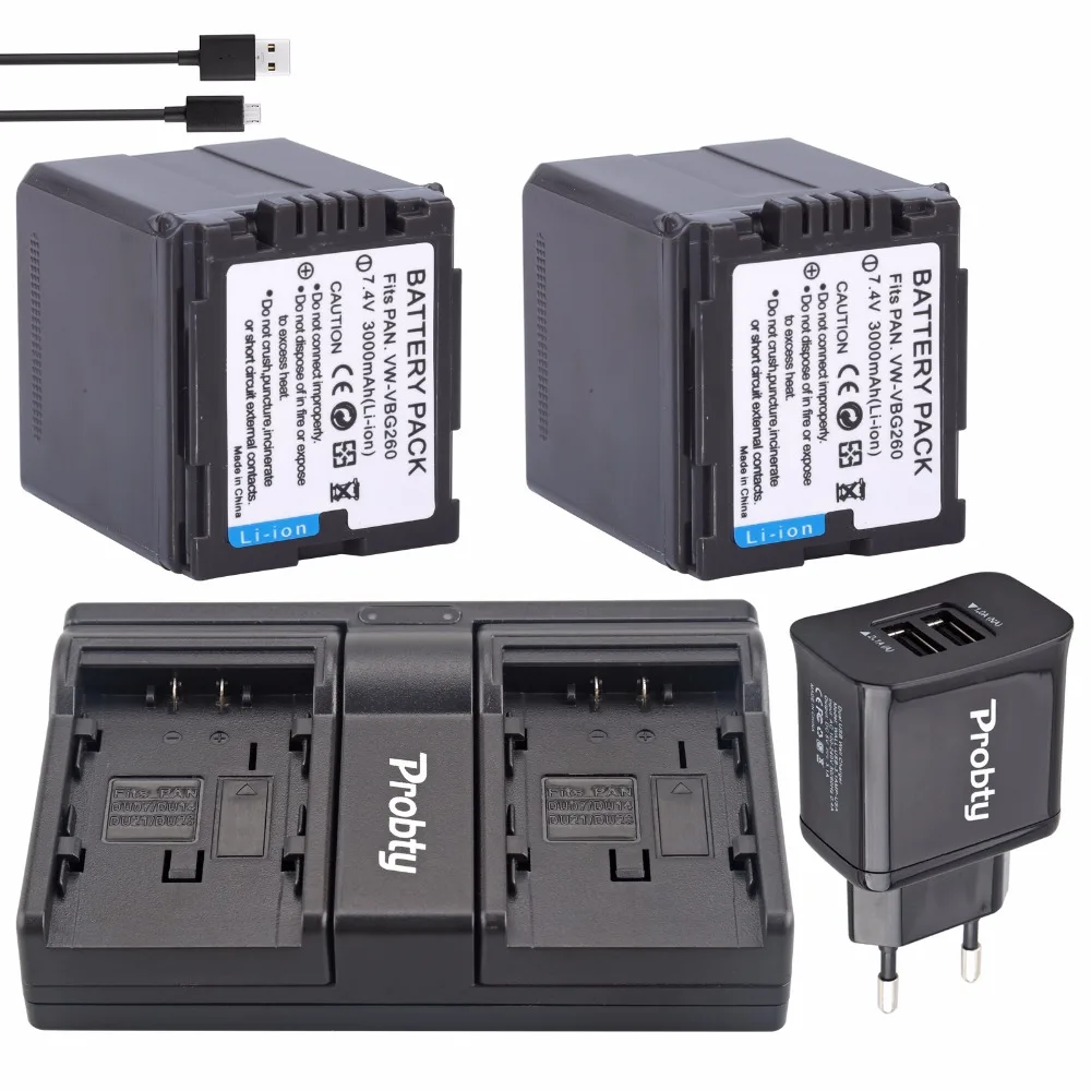 

2Pcs Probty VW-VBG260 VW VBG260 Battery + Charger + Plug for Panasonic AG-AC7 AG-AF100 HDC-HS250 HS300 HS700 SD600 SD700 SDT750