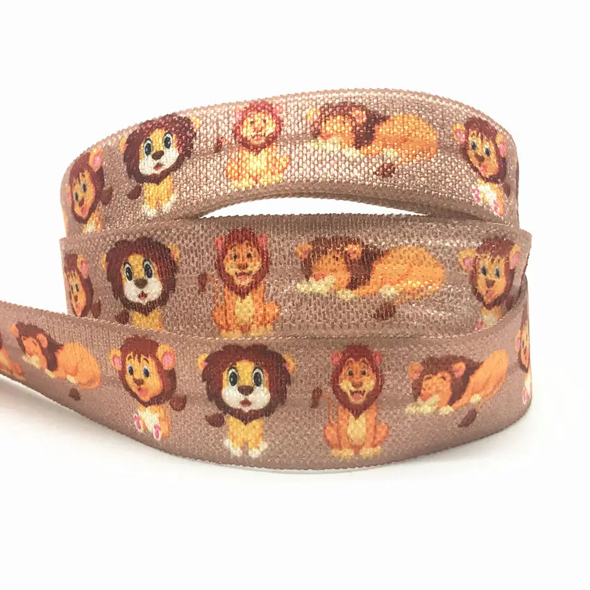 15mm 10Y New Ribbon Duck Lion Dogs Cow Print Fold Over Elastic Cartoon Animal FOE For Headwear  Diy Party Decoration Accessories