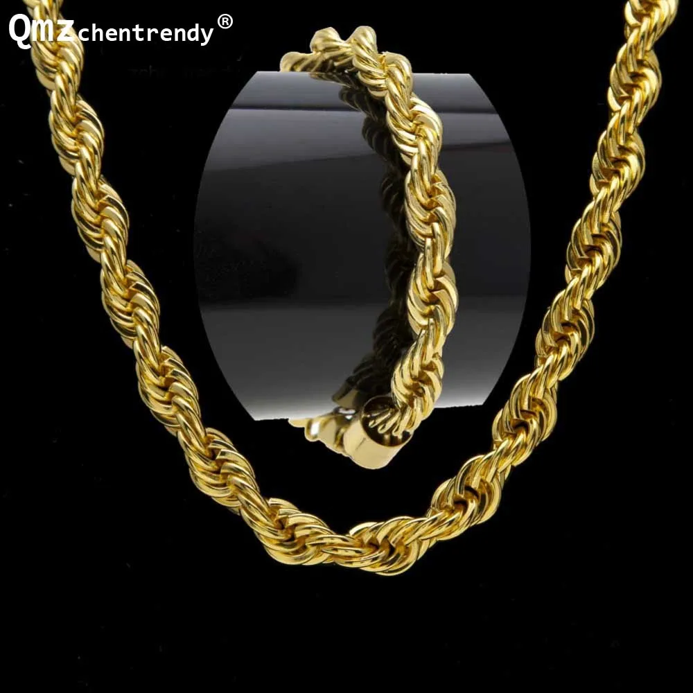 Gold Silver Plated RopeTwisted Chain Necklaces Bracelet Rapper Men Women 75cm long 6mm/10mm Twist Hip Hop Jewelr sets