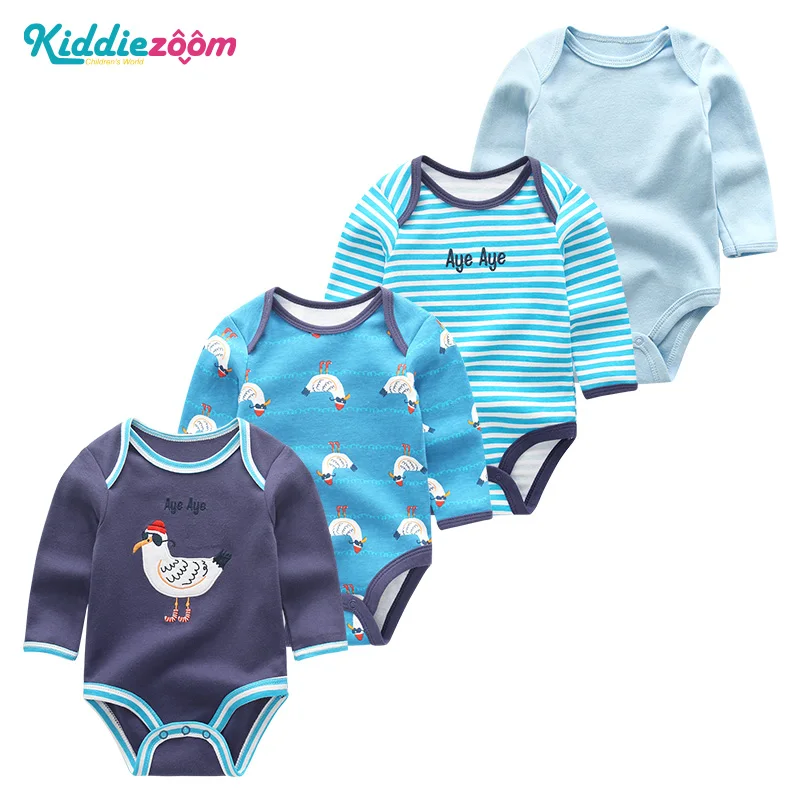 4Pieces Unisex Cotton Baby Girl Clothes New Born Long Sleeve Baby Boy Clothes Sets Print Anmial Bodysuit Solid Color Bebes