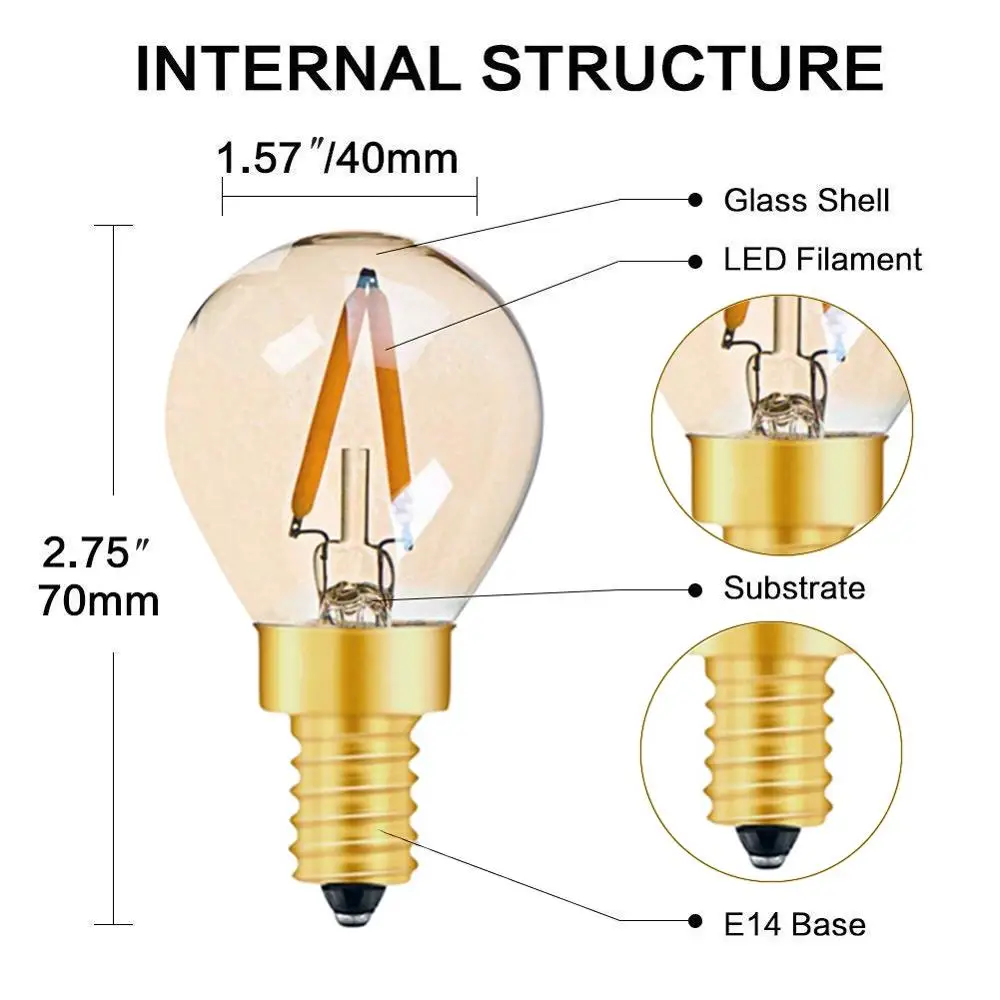 Grensk Led G40 Bulb Replace String Lights Bulbs E14 2200K 1W LED Filament Globe Lamp E12 110V Leds Edison Dimmable Party Lampara