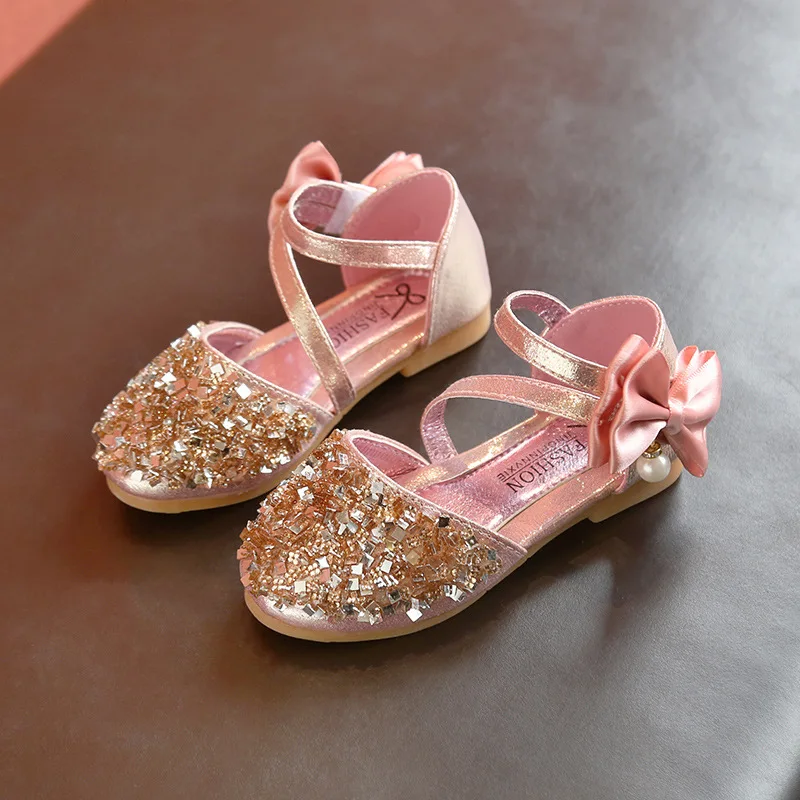 SLYXSH 2019 Children Princess Glitter Sandals Kids Girls Soft Shoes Square Low-heeled Dress Party Shoes Pink /Silver/Gold