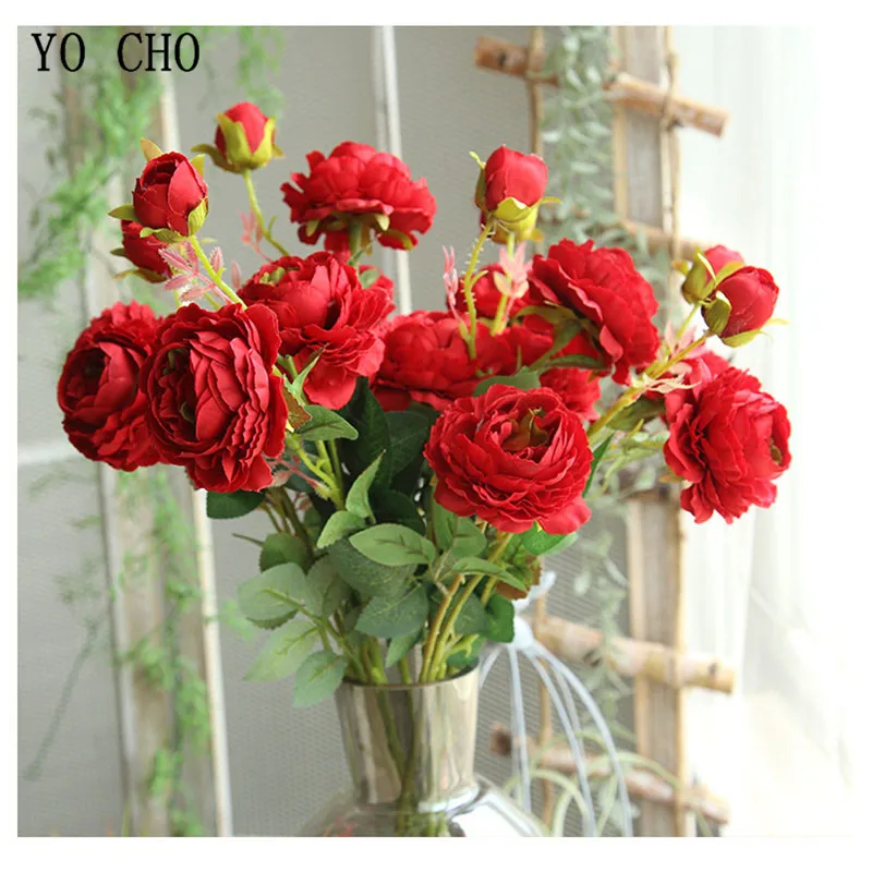 YO CHO Rose Artificial Flowers 3 Heads Pink White Peonies Silk Flower Wedding Garden Decoration Fake Flower Bouquet Peony Color