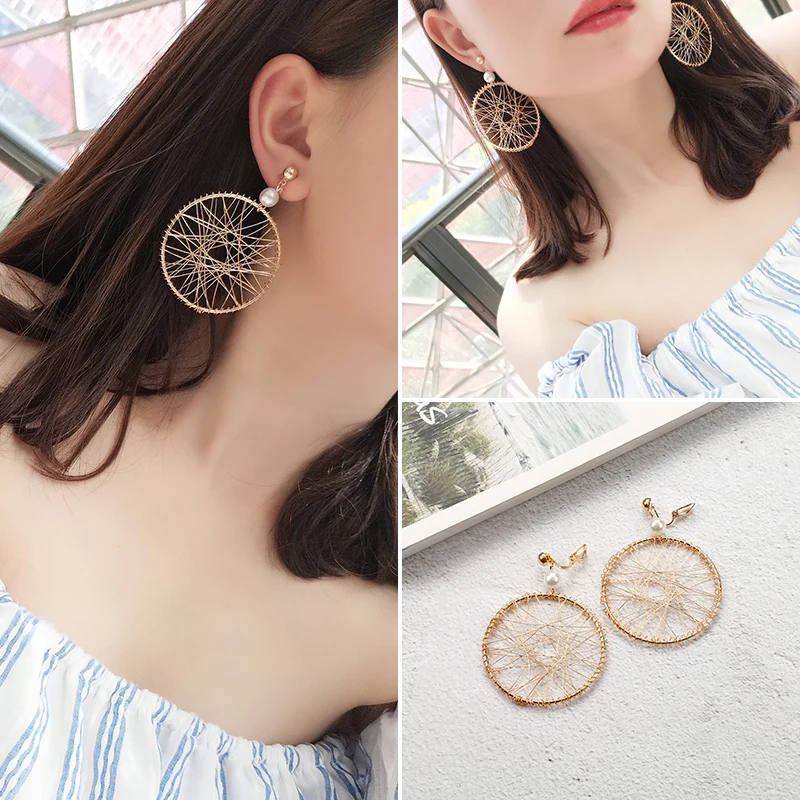 GRACE JUN Korea Style Clip on Earrings Without Pierced for Women Charm Long Star Fan Circle Geometric Tassel Screw Cuff Earrings