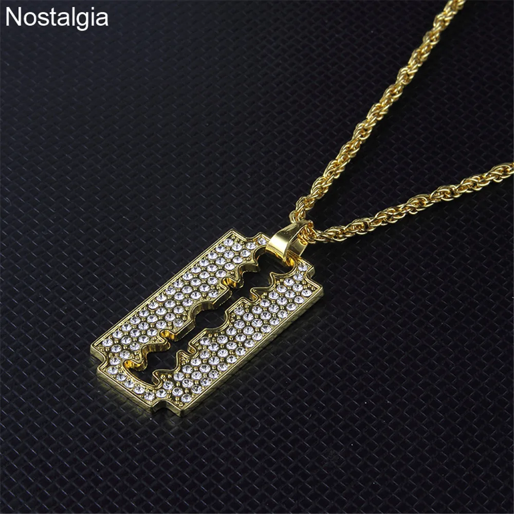 Nostalgia Crystal Charm Razor Blade Long Necklace With Big Pendant Barber Hiphop Mens Womens Jewelery